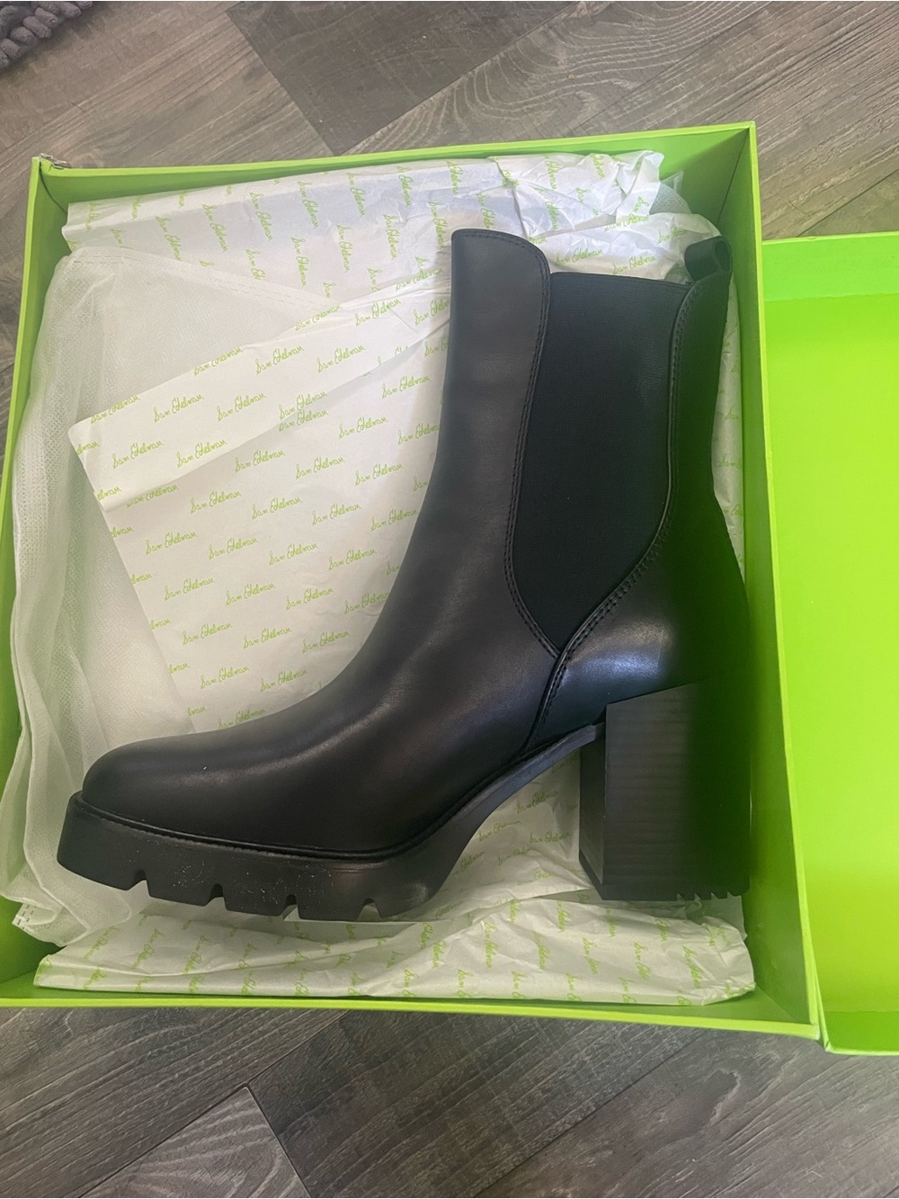 Sam Edelman Black Leather Chelsea Lug Heel Boot
